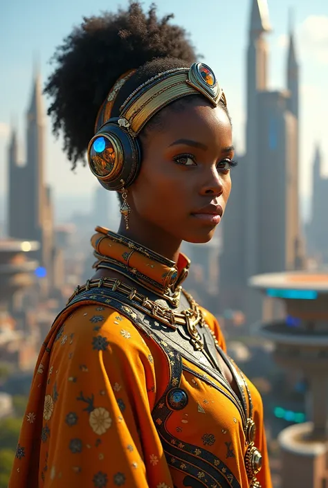 Futuristic African city. Futuristic African queen. Very beautiful. Honey brown skin. Ultra high quality.