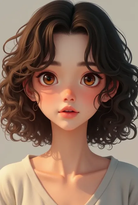 Create a drawing of a  girl with curly brown hair and medium brown eyes. 