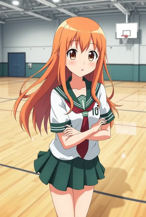 Haikiyuu, anime, Haikiyuu Gym, long loose orange hair, light brown eyes, porter&#39;s clothing with the number 10, female, expression I asked something. 