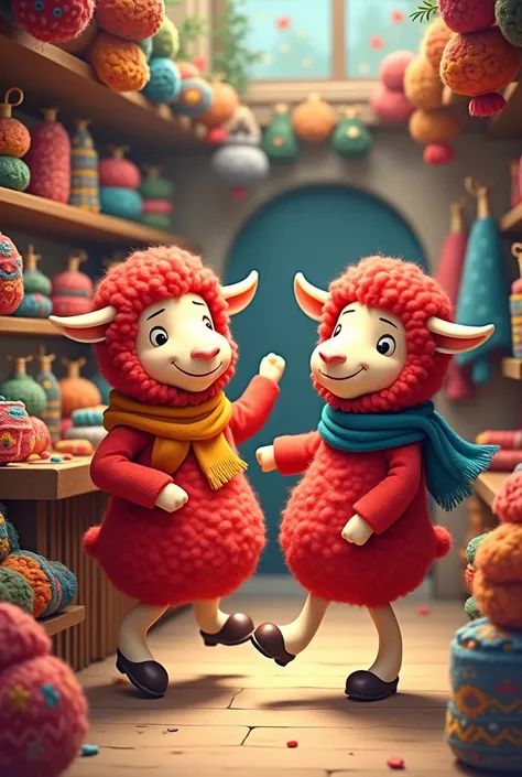 Two cute cartoon  red sheep  shopkeeper standing   his  woollen  products  shop  dancing joyfully 