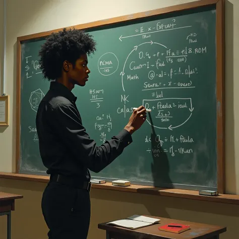 black michael jackson teaching math in blackboard with chalk 