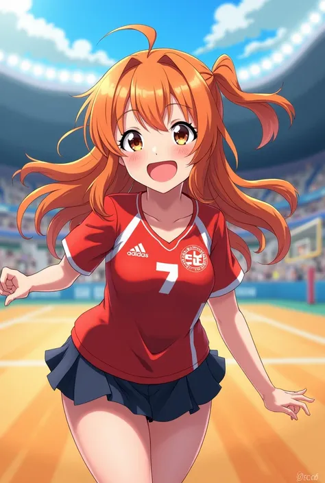 Haikiyuu, anime, Haikiyuu Gym, long loose orange hair, light brown eyes, karasuno high school clothes, female, laughing expression. 