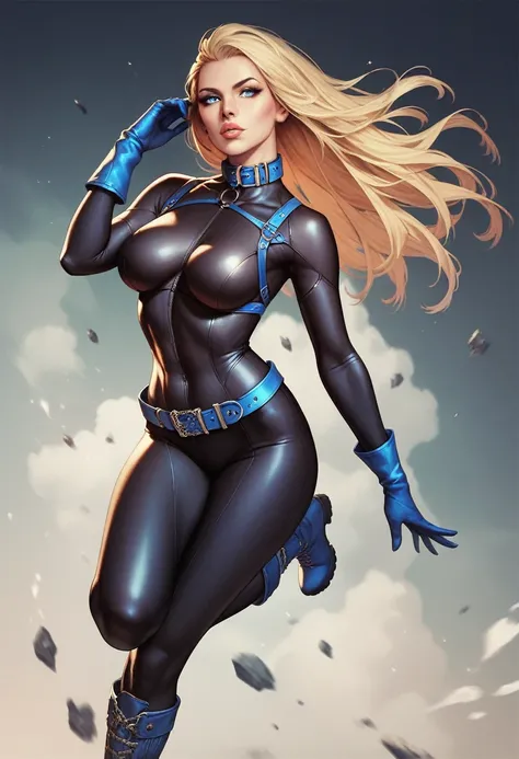 1girl, long blonde, detailed face, detailed eyes, detailed lips, black bodysuit, blue collar, blue belt, blue gloves, blue boots,