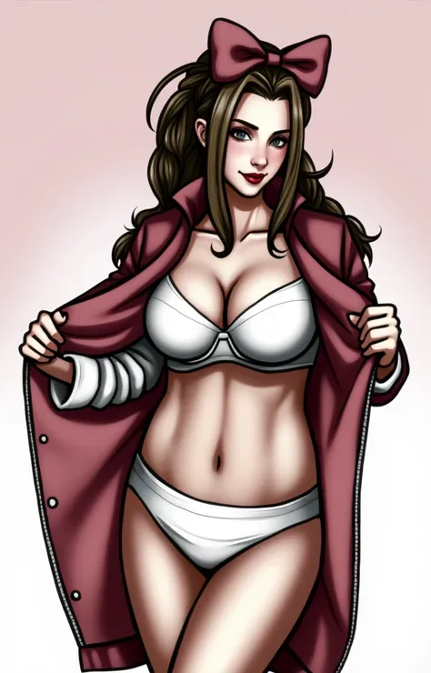 (masterpiece, best quality)), ((((perfect anatomy)))), Aerith Gainsborough from FF7, Caucasian woman with long brown braided hair, pink hair bow, dark eye-shadow, dark red lipstick, opening up pink dress, red jacket , (((white cotton panties))), white bra,...