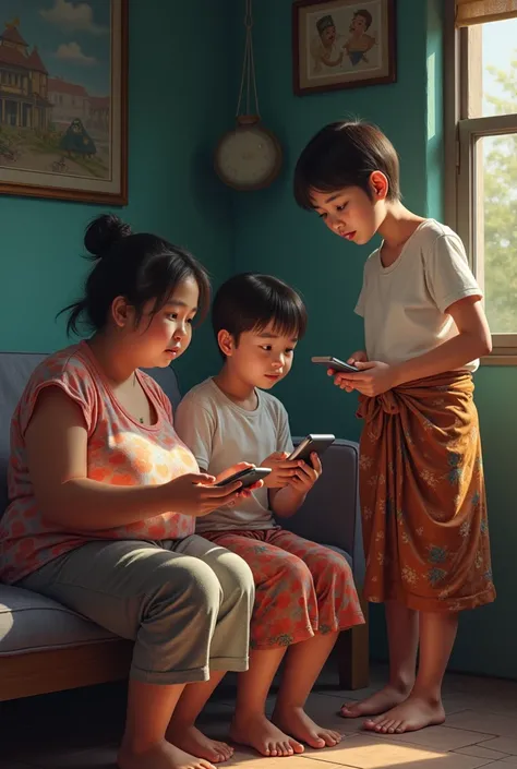 two Indonesian grown up sisters, one chubby, both absorbed in their gadgets, with their short-haired mother nearby looking upset and angry, one skinny older man sitting nearby, wearing sarong and peci, laughing, ultra-detailed, photorealistic