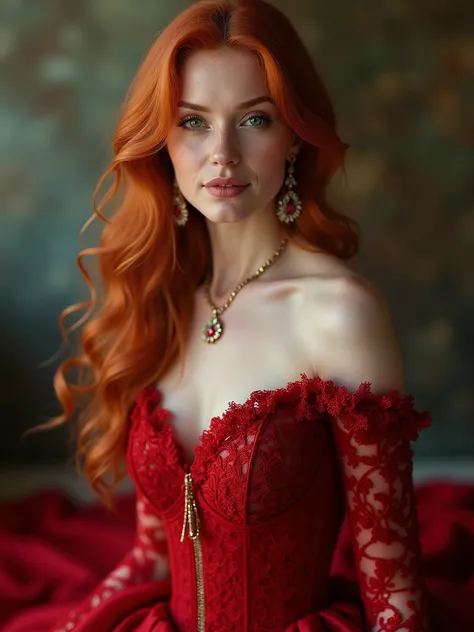 beautiful redhead of 2 in a beautiful red evening dress , real photo