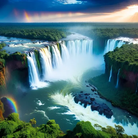 iguazu falls, argentina-brazil, amazing views, mysticism light in the midnight.((highest quality, 8k, masterpiece: 1.3))