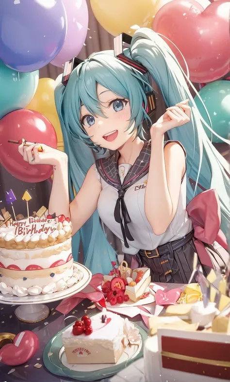 hatsune miku , happy birthday , other vocaloids celebrate , birthday cake , cracker , cracker sound , balloons ,