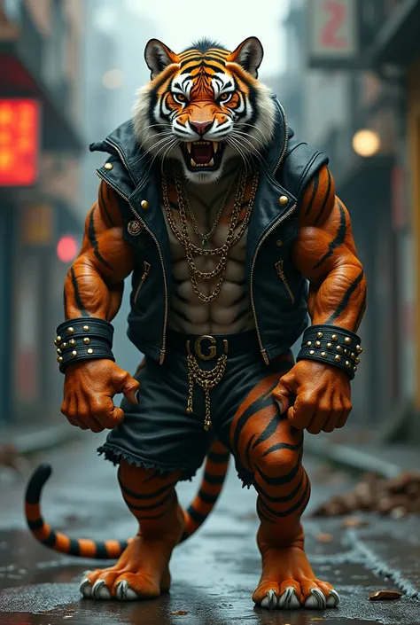 I would like a large, strong, bipedal tiger dressed in gang attire.