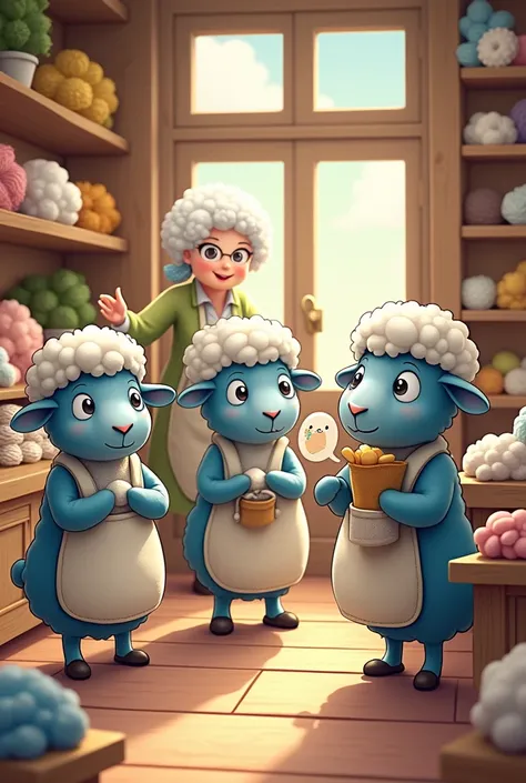 Three  cute  cartoon  blue sheep  shopkeeps standing on  their  woolen products  shop  dealing  with two old ladies entering  in the same  shop