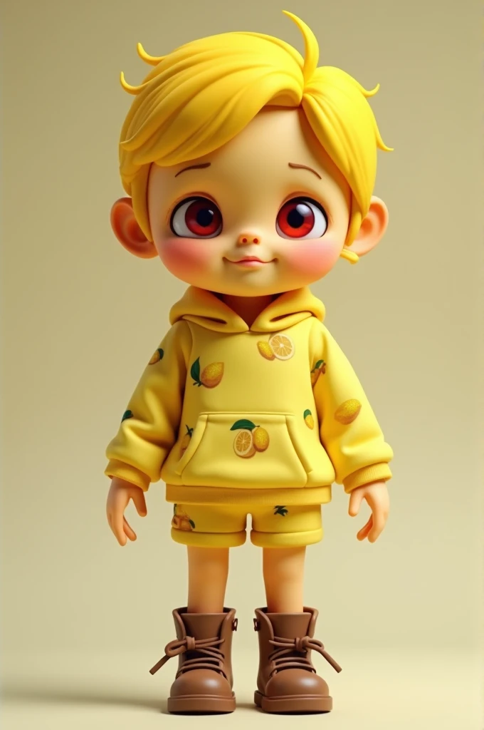 Yellow doll with lemon print sweatshirt and shorts, yellow sweatshirt, brown boots, yellow hair with red eyes and a tired face