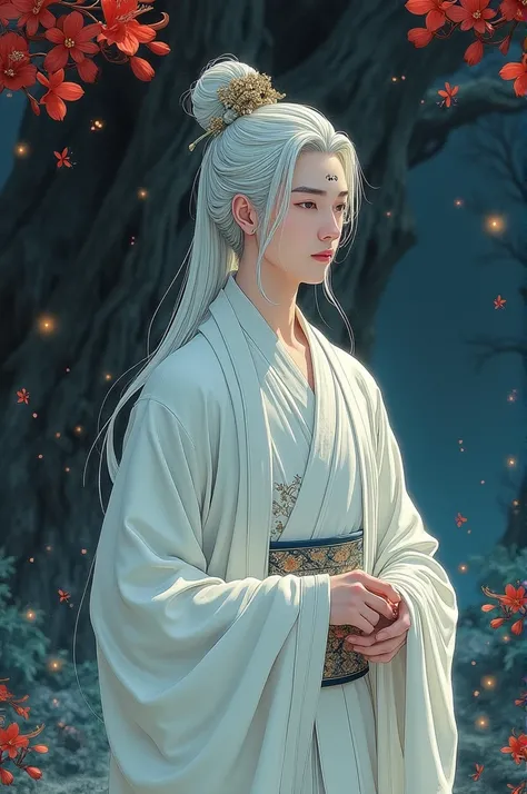 Manhua. Drawing of a man dressed in white traditional Chinese clothes, with long, flowing white hair tied up in half of his head and a beautiful brooch. Stylish. There is a beautiful mark on the forehead. Walk to a large old tree. The night is illuminated ...