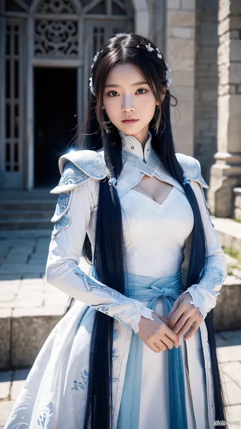 A female warrior with long blue hair, about 、Wearing white patterned armor。
The background with a small baby dragon nearby、Castle courtyard high resolution, masterpiece, accurate, Anatomically correct, Winner of numerous awards, 最高quality, Damaged, detail,...