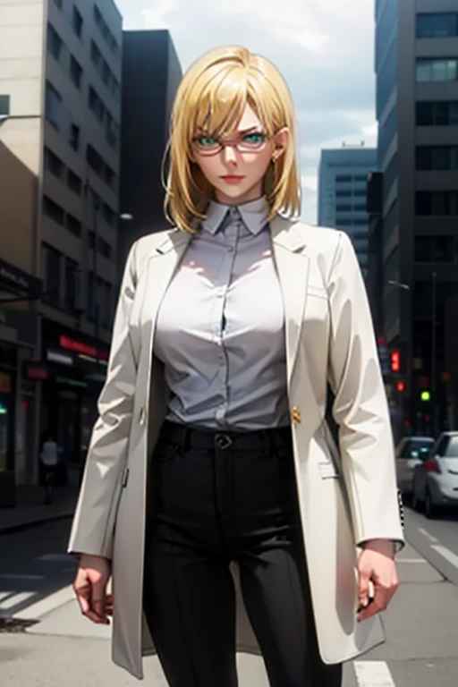 (masterpiece, best quality, ultra-detailed), 1girl, MichelleKD, blonde hair, green eyes, white glasses, looking at viewer, standing, city, white shirt, black jacket, black pants