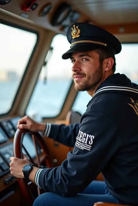 Please make a photo of a young man riding or steering a modern ship complete with a sailors hat and a shirt that says Mr. RIJENGs on the back of his shirt. with enclosed wheelhouse accommodation like a cargo ship