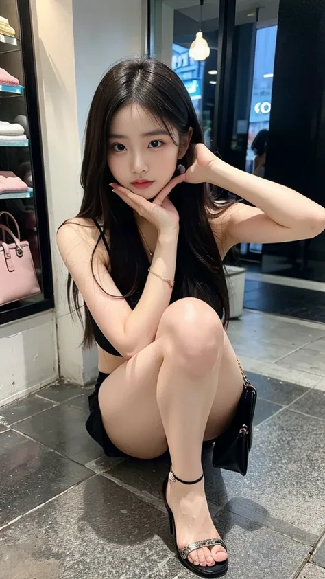 high quality, realistic, Mall, Korean woman looking in the window of a clothing store, A dazzlingly beautiful face, slim and nice body, sexy top, mini skirt, sandals high heels, luxury bag, Waiting while checking smartphone, manicure, pedicure, nail art, h...