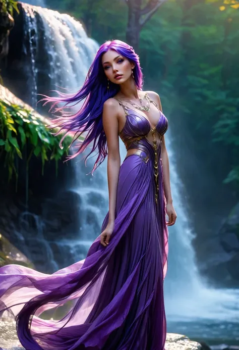 Purple haired woman in flowing dress standing in front of waterfall, very beautiful fantasy art, beautiful fantasy maiden, ((a beautiful fantasy empress)), fantasy beautiful, magnificent fantasy art style, Uhd, purple skin beautiful elf, beautiful Fantasy ...