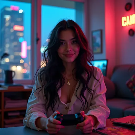 realistic photo of a (pretty girl, 20 years old, brunette, black eyes) as pop influencer playing with a Playstation joystic at mouth at her cosy apartament into a glass building , (full lips) , ((perfect face)), [[mild smile]], proportionate body,mixed whi...