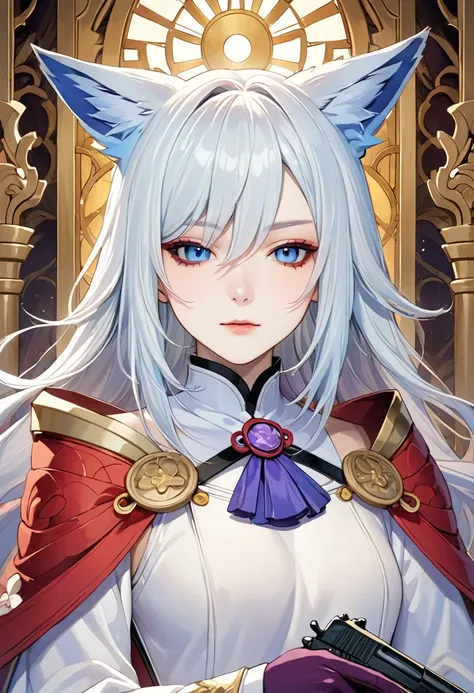 (masterpiece, best quality, highly detailed), ((fox ears)), close-up of a person holding a gun in a room, onmyoji portrait, onmy...