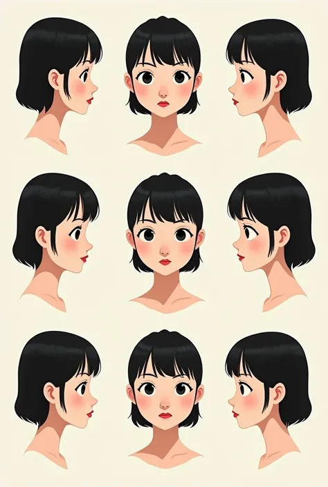 Create a sequence of animated faces from different views, of a 2d female character with a style that mixes influences from contemporary digital art and minimalist animation, The character should have a round and large face across the width like an Asian pe...