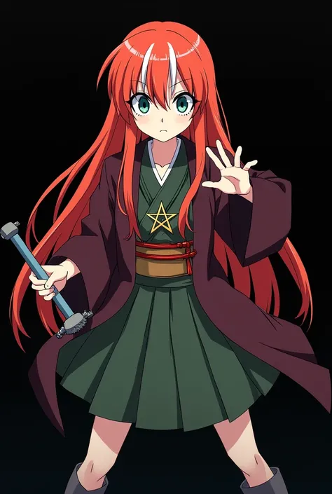 A full-body image of an  girl named Mai Yamamoto, personagem do anime "Demon Slayer", with long, straight, fire-colored hair with two white streaks highlighted in the front, framing your face. She has blue-green eyes and pale skin.. she is a Wiccan, she is...