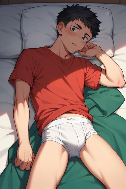 In the morning school, a slender and mascular young man exposes his tighty whities. White briefs. Red T-shirt, Yuji Itadori, Anime