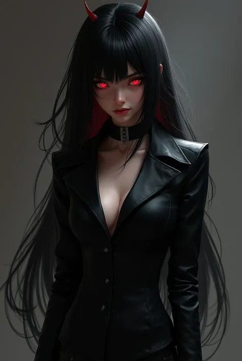 demon girl, Eyes red, black clothes and hair with red details, long detective-like outfit, serious and seductive look, half-shiny eyes, big body