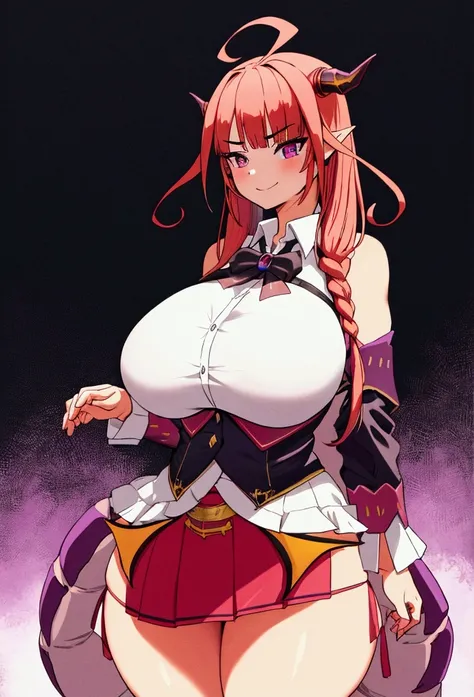 looks straight, feet shoulder width apart, hands on the sides, happy face, turned to face, red mini skirt, White shirt, black unbuttoned blazer, thick thighs, Incredibly huge breasts, tight clothes, purple dragon tail