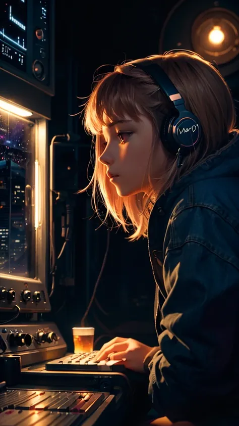 girl listening music, nighttime atmosphere, lofi, 90s, night