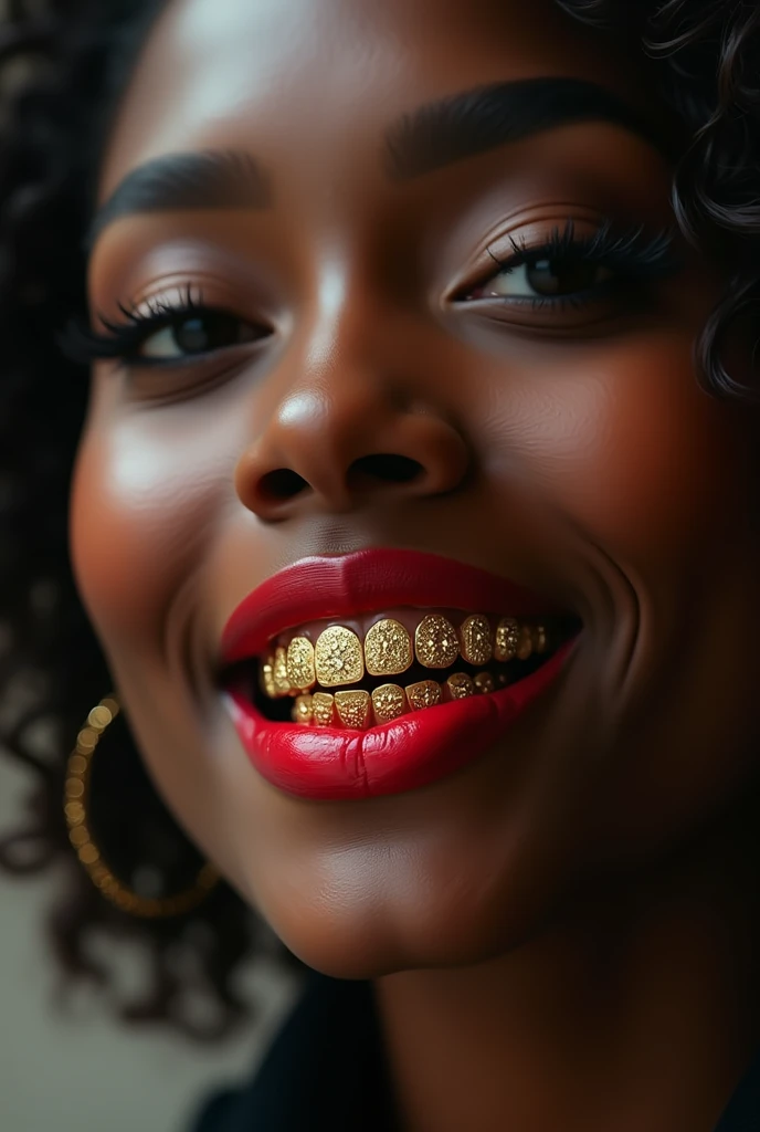 Woman&#39;s mouth with red lipstick, dark skin and gold details on her teeth forming the words " lab delaxx"