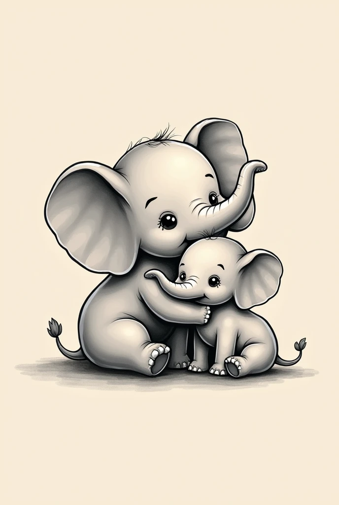 Create me an elephant tattoo that refers to mother and daughter, that represents love, in cartoon with black color with little shadow