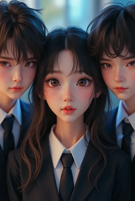 1 girl in school uniform, beautiful detailed eyes, beautiful detailed lips, extremely detailed face and portrait, 3 handsome boys in school uniform, medium shot, elegant, dramatic lighting, cinematic, vibrant colors, photorealistic, (best quality,4k,8k,hig...