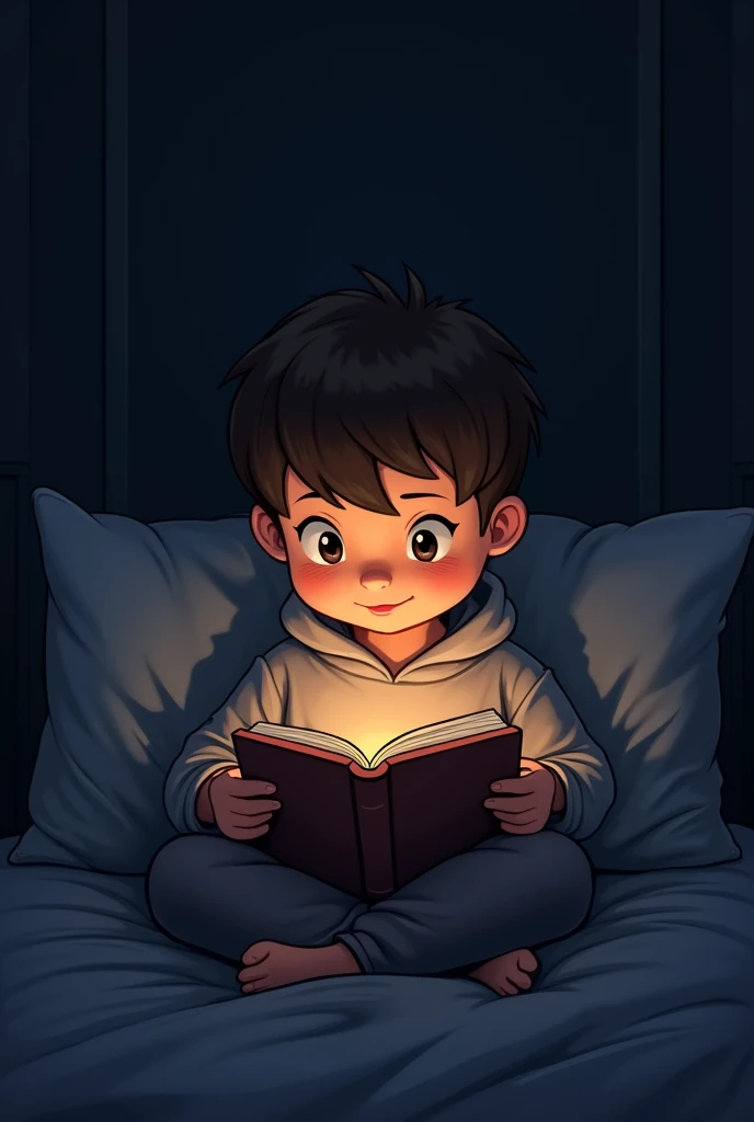 Something related to solitary reading. A cartoon art of a boy wearing a sweatshirt reading the book close to his face and the scene is in the dark and only a small light