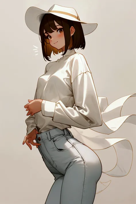 a painting of a young woman, soft thighs, small breasts, soft figure, regular sized brown eyes, white skin, wearing casual clothes: [waffle texture] light gray long sleeve shirt with high-rolled-up-sleeves(u-neck shirt), off-white Panama hat, slim jeans. s...