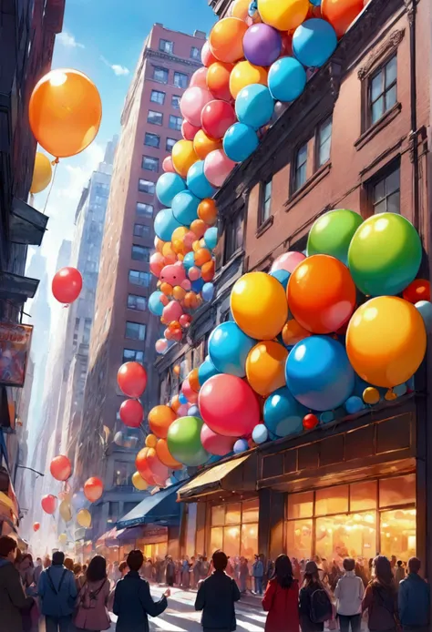 Stage background terraza de edificio durante desfile de globos gigantes por la calle una tarde soleada en new york, globos de pokemonnen estilo de video juego