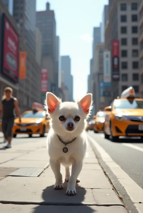 White chihuahua dog walking on the streets of new york
