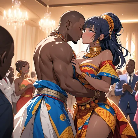 ((Highest quality)), ((masterpiece)), (detailed), （Perfect Face）、The woman is Reika Aoki, a Congolese woman with dark skin and medium-long hair.、The woman is wearing a Congolese costume and dancing the Congolese dance while kissing the man, who proposes to...