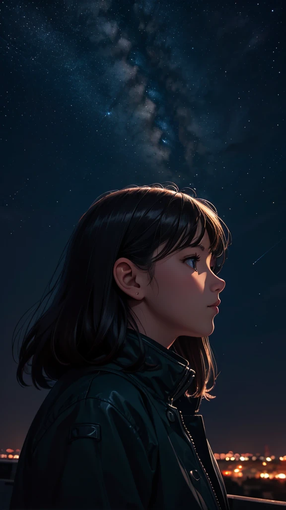 artwork, best quality, realism, girl looking the sky, nighttime atmosphere, lofi, 90s, night