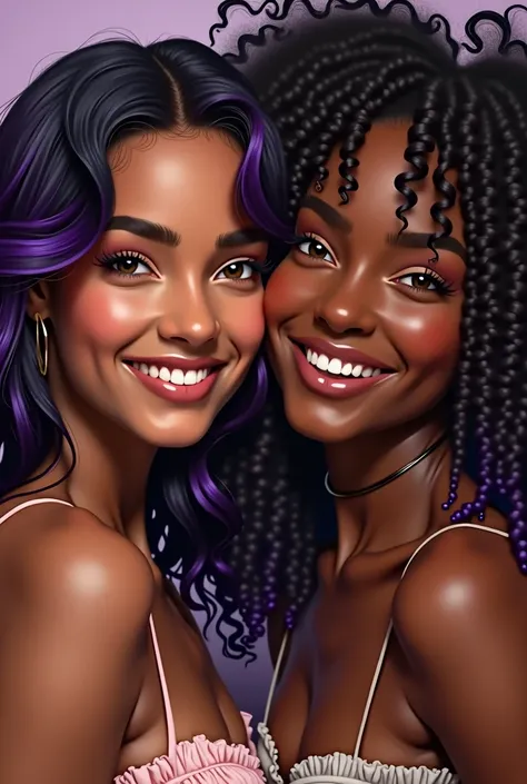 A 2 woman, ultra realisitic, Dark skin color, black hair with purple, light brown eyes and smiling