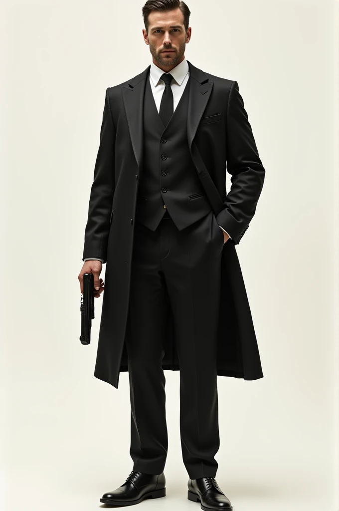 Man in a suit, the whole figure including legs, one hand in the pocket, the other loosely hanging in the hand holding the gun, brunet