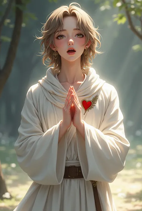 a young half-elf man with delicate, feminine features and shoulder-length light brown hair wearing white medieval attire with a symbol of a feather over a red heart drawn on his clothes at chest height, singing.
 anime style
