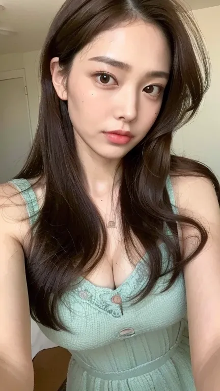 ((Highest quality, 8k, masterpiece: 1.3)), 1 female, Japanese Mature,Sensual beauty: 1.3, (Hair style Brown hair Medium wave, big: 1.2), Nightwear: 1.1, Super Slender Face, Delicate eyes, double eyelid, Dimples,Mole, Home,Plump body, Cleavage, very thick l...