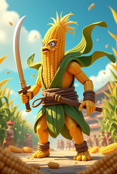 Make me an avatar image of a corn doll to compete in an avatar battler tournament where they fight corn against corn , puede tener weaponduras, swords, weapon, can be a ninja 