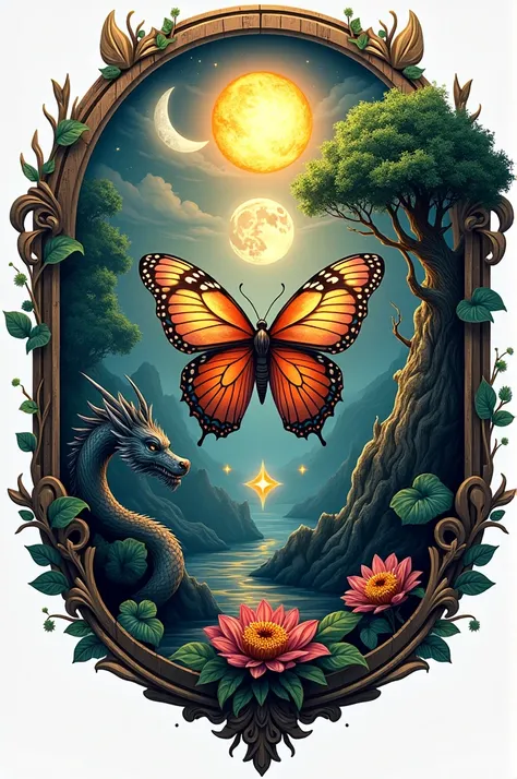 Give me a badge,where a butterfly stands in the middle,above the sun,below the moon,on the right side a tree,and on the left a dragon 