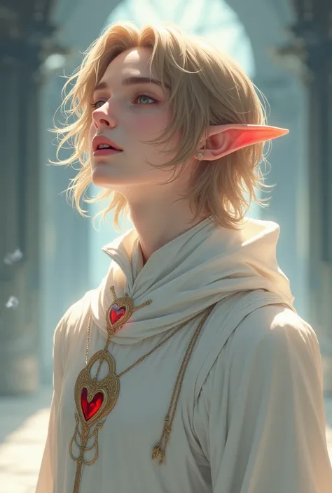 a young half-elf man with delicate, feminine features and shoulder-length light brown hair wearing white medieval attire with a symbol of a feather over a red heart drawn on his clothes at chest height, singing.
 anime style
