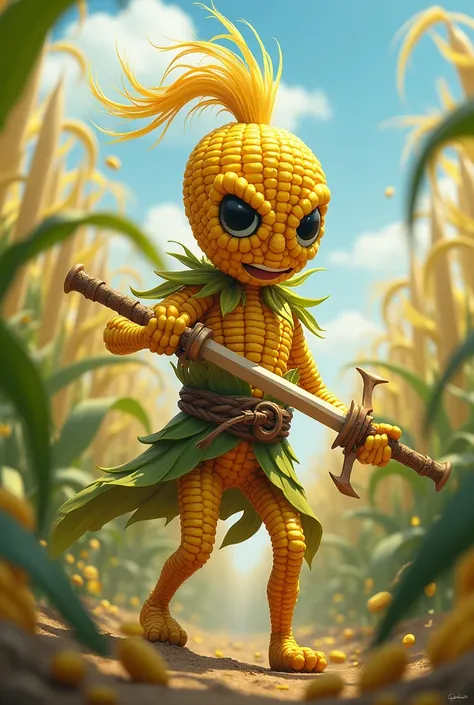 Make me an avatar image of a corn doll to compete in an avatar battler tournament where they fight corn against corn , puede tener weaponduras, swords, weapon, can be a ninja assassin