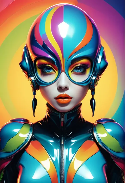 in a funky background portrait of little alien woman, Prominent eyes, funky background, illustration, anime, vector, nft, azuki style, anime style, cowboy shot,digital multi colored, slick bold design, clean, glossy lines, digital illustration, gloss finis...