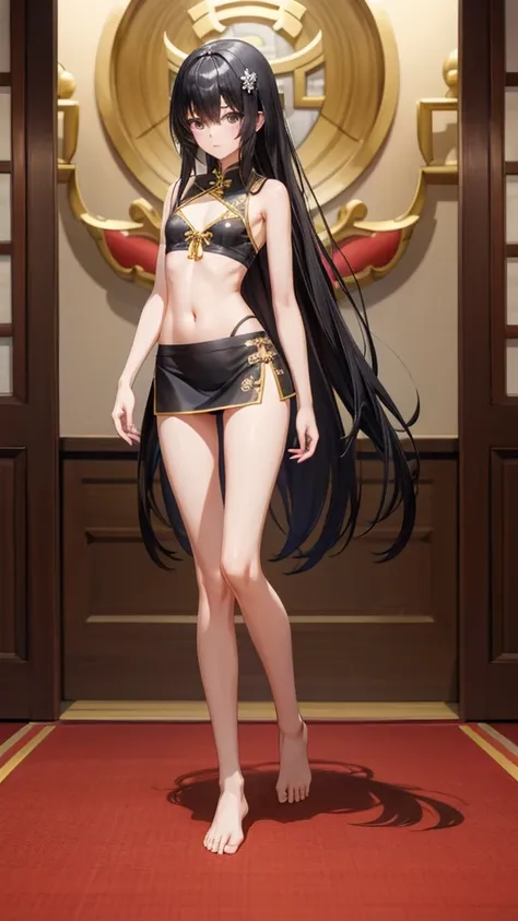 Black hair, flat chest，Black belly pocket，slim figure，Bare Legs，barefoot，Standing，Chinese Palace，bangs between eyes, hairpin,