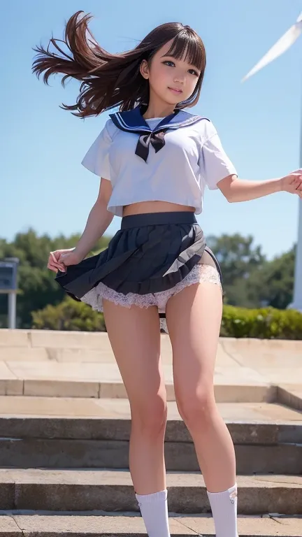 (A skirt flipped up by the wind:1.7)、1 high school girl、Sailor shirt、Pleated skirt、White lace panties、A shy smile、Bob Hair、Medium breast、Standing on stone steps in the park、Masterpiece:1.3、Raw photo quality、Highest quality、Highest detail image、Detailed Bac...