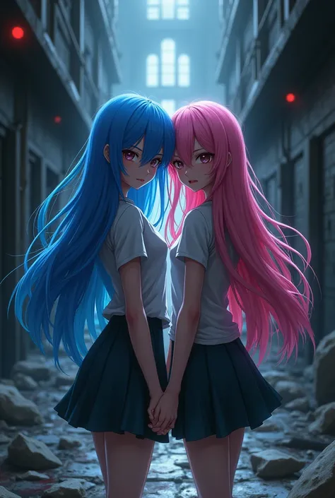 two anime girl one girl blue long hair and second girl pink long hair they’re best friend resident evil horror core